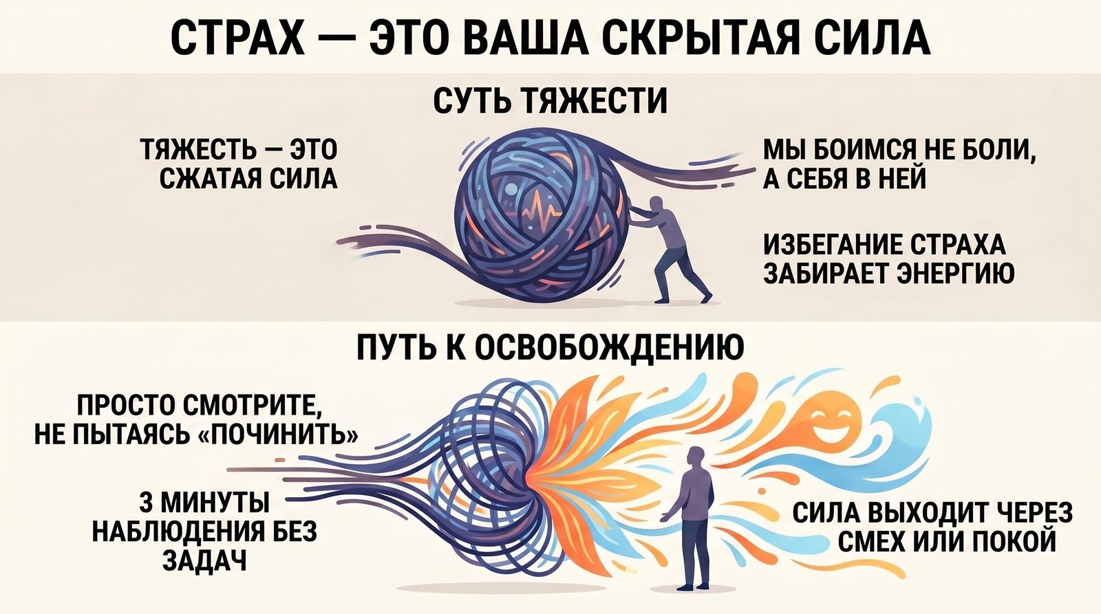 Схема: тяжесть — это сжатая сила, и она выходит через смех или покой