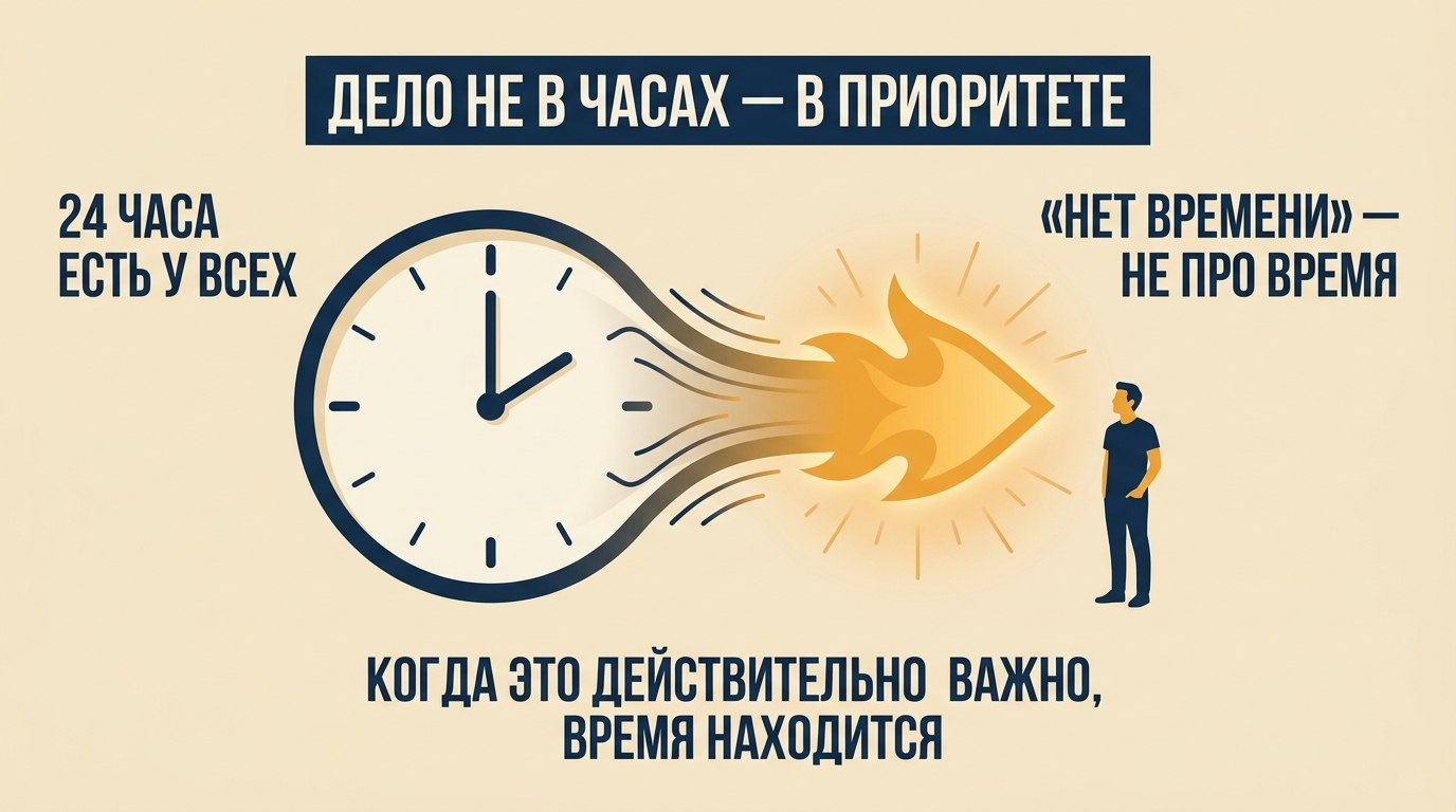 Схема: часы и стрела, время находится, когда дело действительно важно